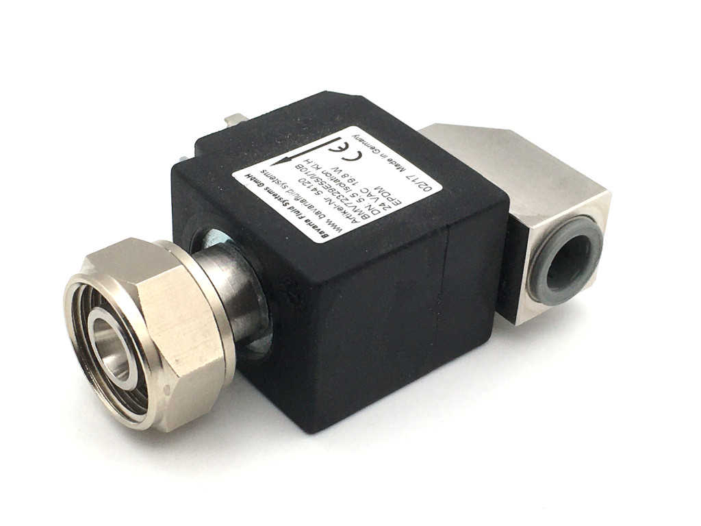 2/2-way-coaxial-beverage-solenoid valve BMV72330; stainless steel; 90° inlet; flow-optimized for beer and carbonated drinks