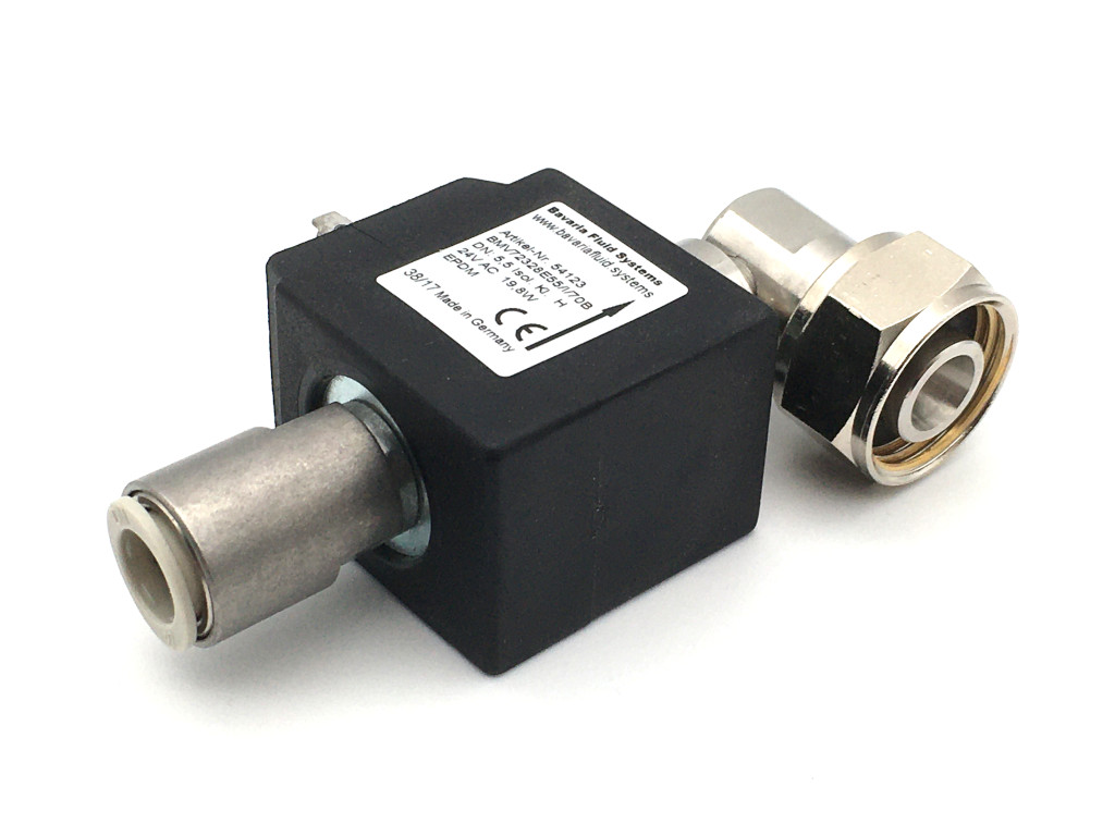 2/2-way-coaxial-beverage-solenoid valve BMV73028; stainless steel; 90° outlet; flow-optimized for beer and carbonated drinks
