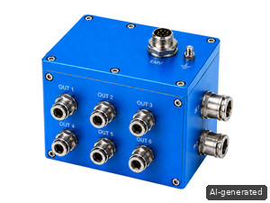 Electromagnetically compatible inline coaxial solenoid valve block with EMC shielding box—compact—ai-generated—300x225