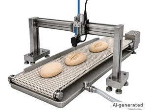 Waterjet cutting head with inline coaxial solenoid valve in a bread dough waterjet cutting system—ai-generated—300x225
